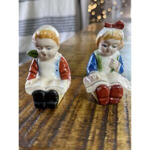 Occupied Japan Boy & Girl Reading Hand Painted Salt and Pepper Shakers